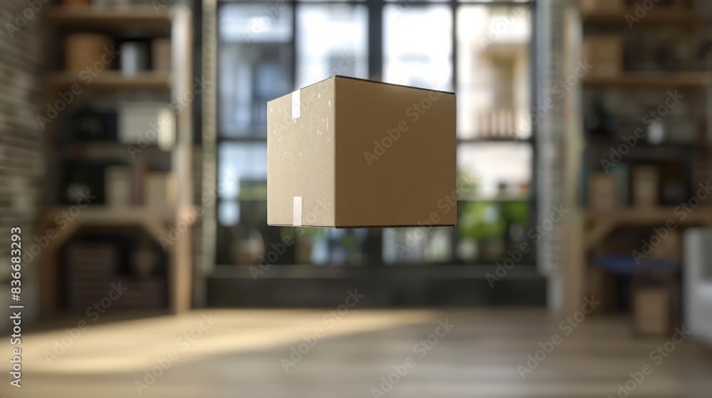 3D rendering of a flying brown cardboard parcel box representing quick online delivery service and global logistics 3D rendering of a flying brown cardboard parcel box representing quick online delivery service and global logistics