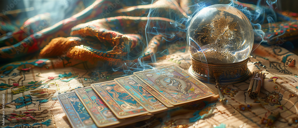 Mystical Fortune Telling Cards with Intricate Artwork on Textured Cloth, Crystal Ball, and Incense Elements Mystical Fortune Telling Cards with Intricate Artwork on Textured Cloth, Crystal Ball, and Incense Elements