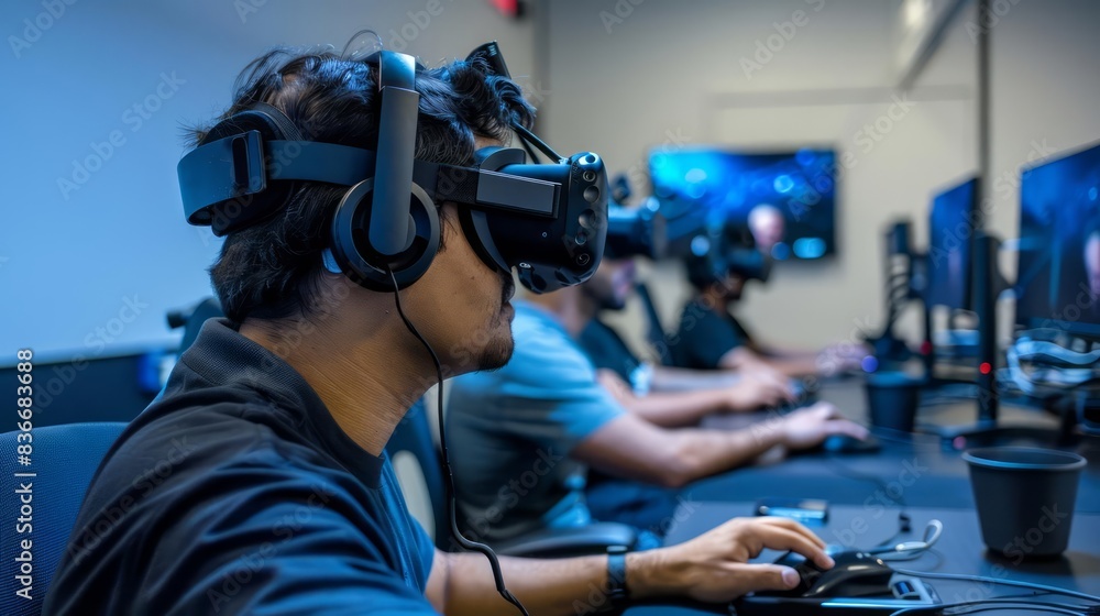 A cybersecurity training session is held in virtual reality for immersive learning experiences A cybersecurity training session is held in virtual reality for immersive learning experiences