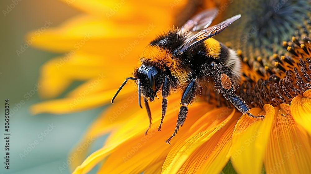 A close-up of a bee pollinating a bright sunflower, highlighting the intricate relationship between flora and fauna in nature. Minimal and Simple, A close-up of a bee pollinating a bright sunflower, highlighting the intricate relationship between flora and fauna in nature. Minimal and Simple,