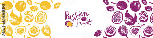 Tropical banner template with hand drawn granadilla pattern and passion fruit seamless pattern. Exotic fruits ornate print. Passion fruit background for cosmetic label or juice packaging.
