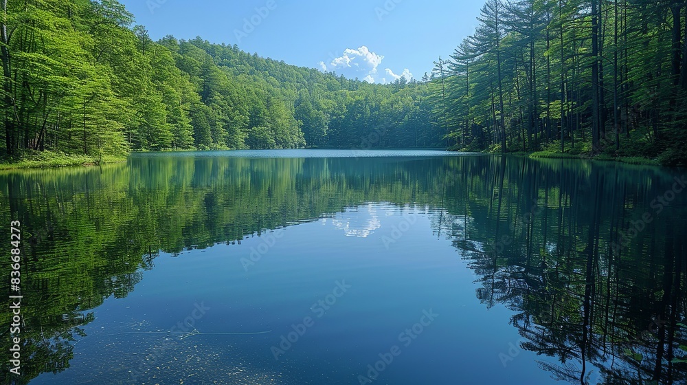 A serene lake surrounded by dense forest, with the reflection of the trees and sky creating a mirror-like surface, evoking a sense of peace and tranquility. Minimal and Simple, A serene lake surrounded by dense forest, with the reflection of the trees and sky creating a mirror-like surface, evoking a sense of peace and tranquility. Minimal and Simple,