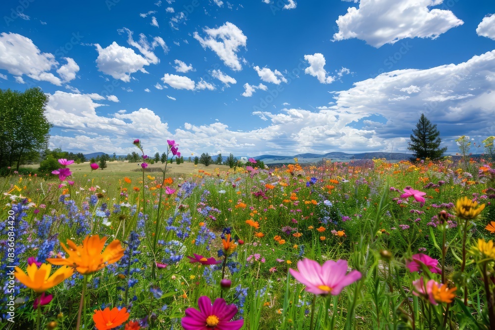 A wideangle view captures the vivid colors of summer flowers scattered along a serene landscape A wideangle view captures the vivid colors of summer flowers scattered along a serene landscape