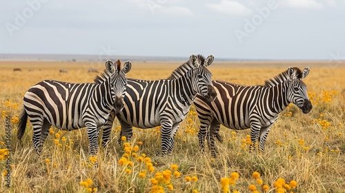 A group of zebras grazing in an open plain, with the vast landscape stretching out behind them and a sense of freedom and natural beauty. Minimal and Simple, photo