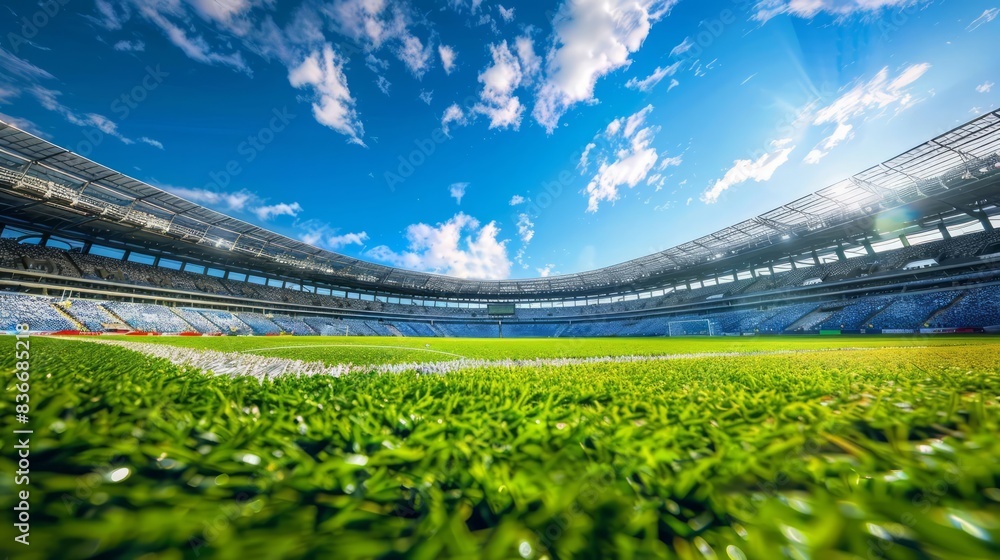 Fototapeta premium An intense soccer match unfolds in a grand arena, with the green grass contrasting sharply against the expansive blue sky