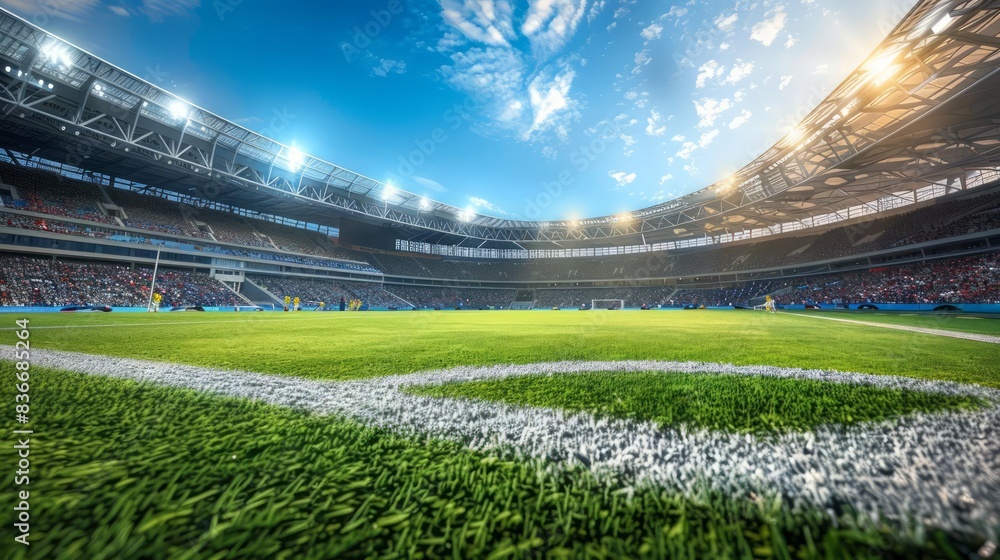 Fototapeta premium An intense soccer match unfolds in a grand arena, with the green grass contrasting sharply against the expansive blue sky