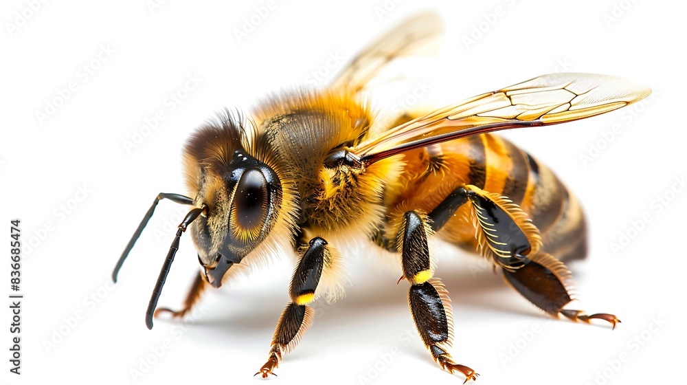 Stunning close-up of a honeybee, isolated on white background. Stunning close-up of a honeybee, isolated on white background.