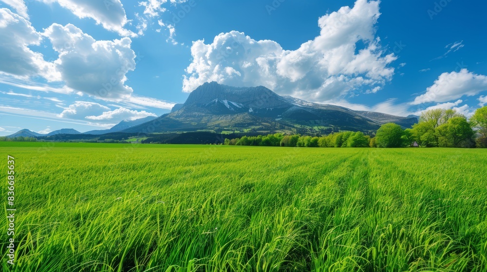 Fototapeta premium Tranquil rural spring landscape with verdant fields, azure sky, billowing clouds, and a towering mountain backdrop.