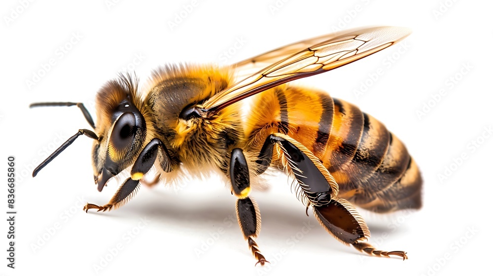 Stunning close-up of a honeybee, isolated on white background. Stunning close-up of a honeybee, isolated on white background.