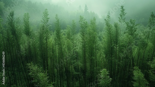 A dense bamboo forest, with tall, slender stalks reaching up towards the sky, creating a peaceful and enchanting natural setting. Minimal and Simple,