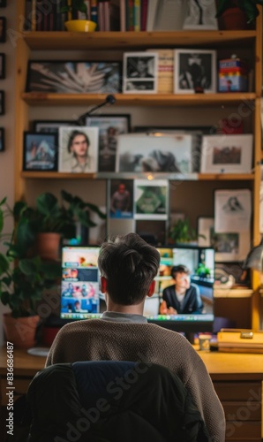 Students sit intently at tables in a comfortable home environment. and focus on remote lectures © wpw