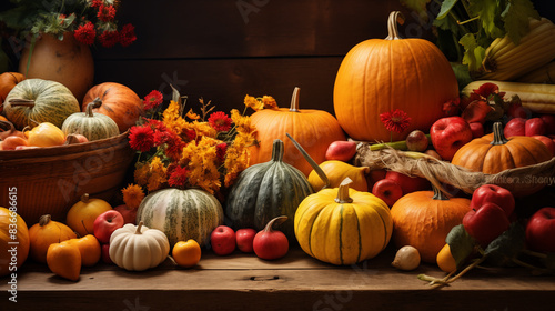 Piles of pumpkins, apples, squash, and other autumn produce background, Photo shot, Natural light day photo