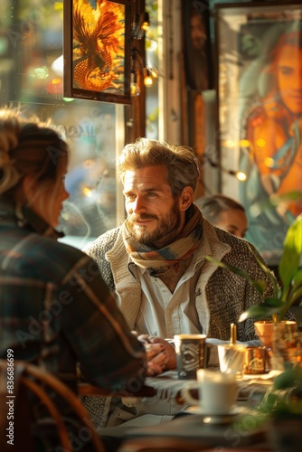 Cozy Artistic CafÃ© Setting with Bearded Man in Warm Sweater and Woman in Plaid Shirt Enjoying Coffee and Conversation Surrounded by Colorful Art and Warm Lightcoffee shop photo