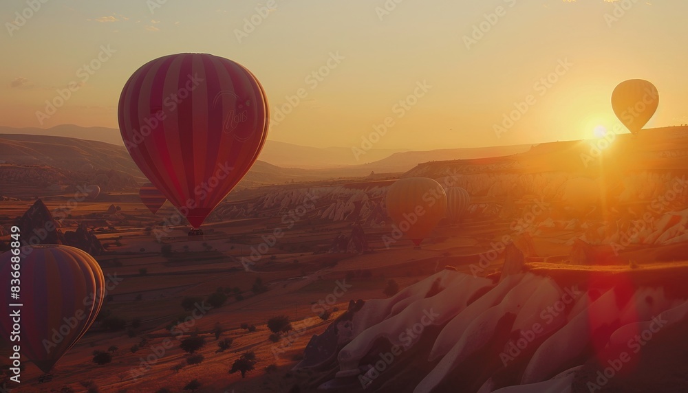 Obraz premium Breathtaking Balloons: Exploring the Summer Sunset Landscape of Cappadocia, Turkey