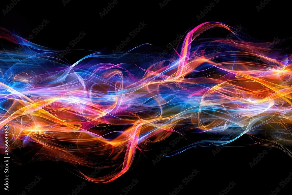 Energetic Vibrant Light Painting: Abstract Streaks and Swirls of Color on Black Background Energetic Vibrant Light Painting: Abstract Streaks and Swirls of Color on Black Background