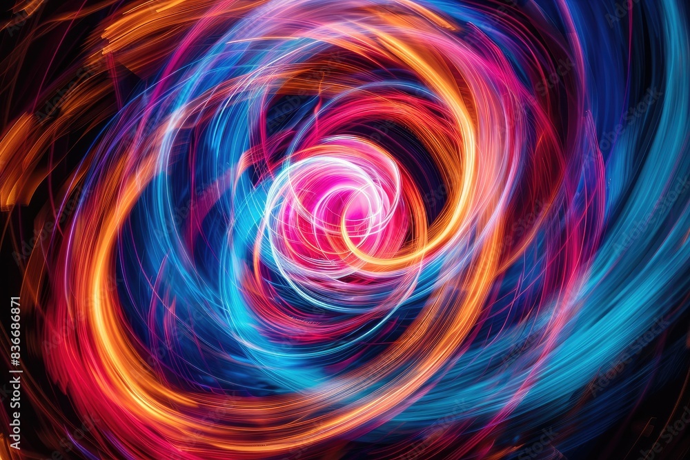 Luminous Symphony: Abstract Light Painting in Vibrant Swirls and Streaks against Black Background Luminous Symphony: Abstract Light Painting in Vibrant Swirls and Streaks against Black Background