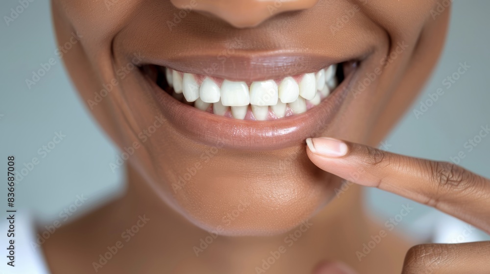 Obraz premium A person smiles with white teeth, highlighting dental care
