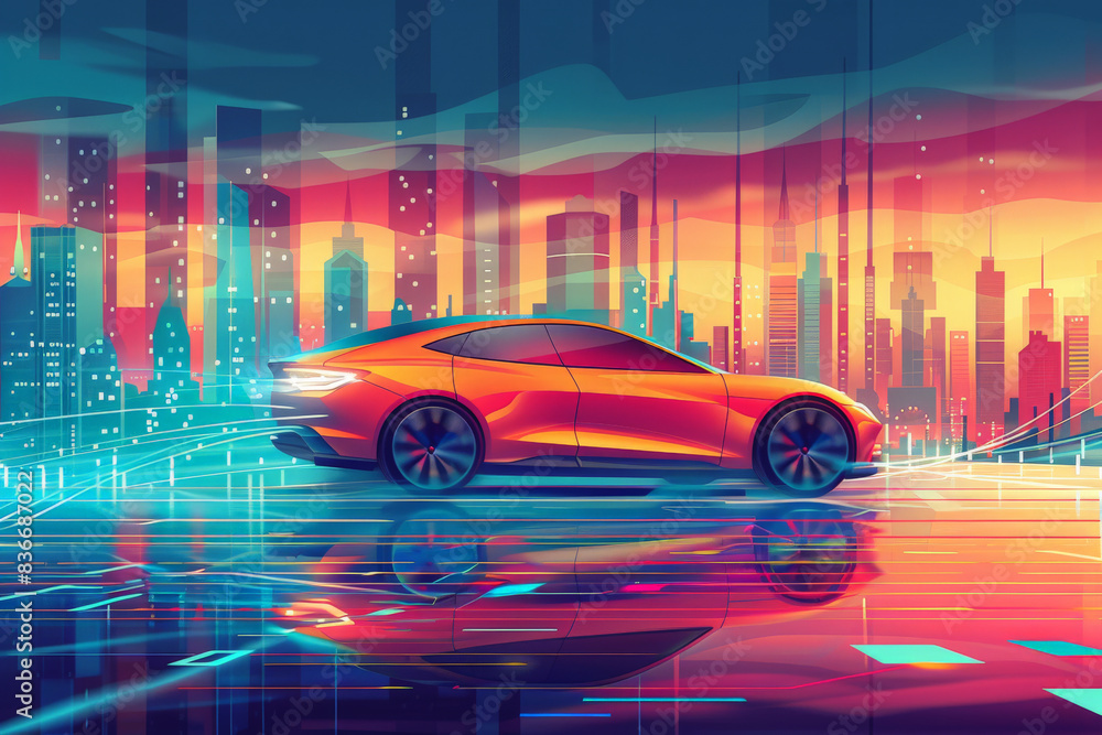 Minimalist vector scene of a hybrid vehicle driving through an urban landscape. The illustration showcases hybrid technology and sustainable transportation solutions with clean lines and vibrant Minimalist vector scene of a hybrid vehicle driving through an urban landscape. The illustration showcases hybrid technology and sustainable transportation solutions with clean lines and vibrant