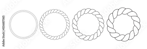 Round rope curve symbol set. Different thickness circular ropes set for decoration. Vector isolated on white.