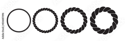 Round rope curve symbol set. Different thickness circular ropes set for decoration. Vector isolated on white.