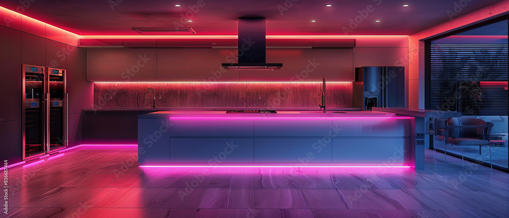 Futuristic Neon-Lit Kitchen with High-End Appliances and Clean Lines Futuristic Neon-Lit Kitchen with High-End Appliances and Clean Lines