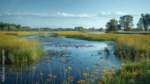 A panoramic view of a wetland ecosystem, with diverse plant life, waterfowl, and the interplay of land and water creating a rich and vibrant environment. Minimal and Simple,