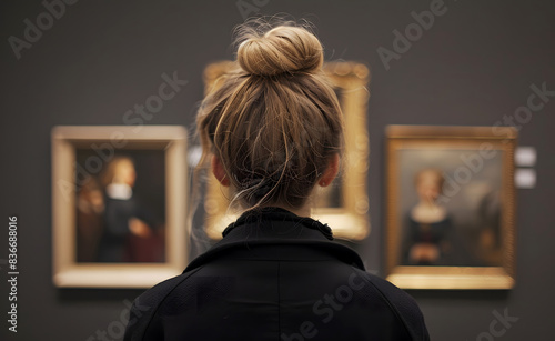 Woman looking at paintings in art gallery, blonde hair, black coat, dark wall, historical scenes