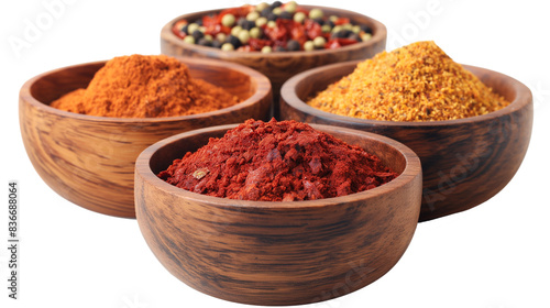 Set of dried and ground paprika in wooden bowl isolated on a white background