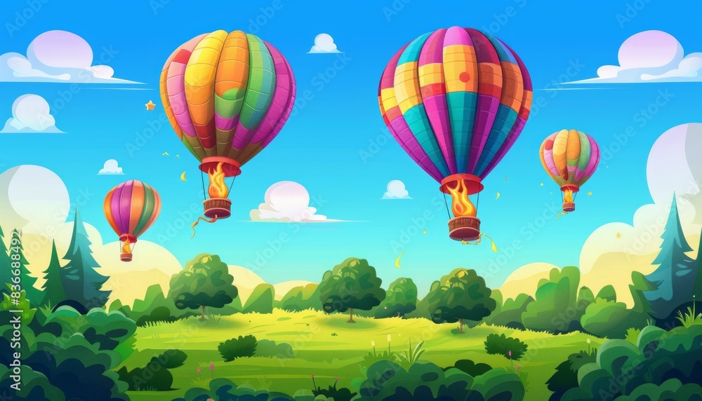 Naklejka premium Blissful Flight: Hot Air Balloons Soaring Over a Lush Green Glade under a Gradient Deep Blue Sky
