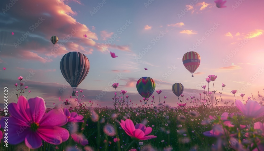 Obraz premium Dancing Among the Cosmos: Vibrant Hot Air Balloons Soar Over Flower Fields