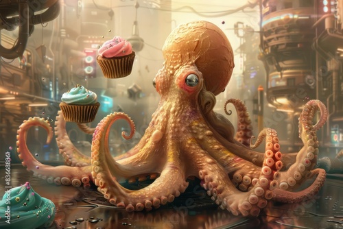 In a sunny scifi world, a charming octopus skillfully juggles colorful cupcakes photo