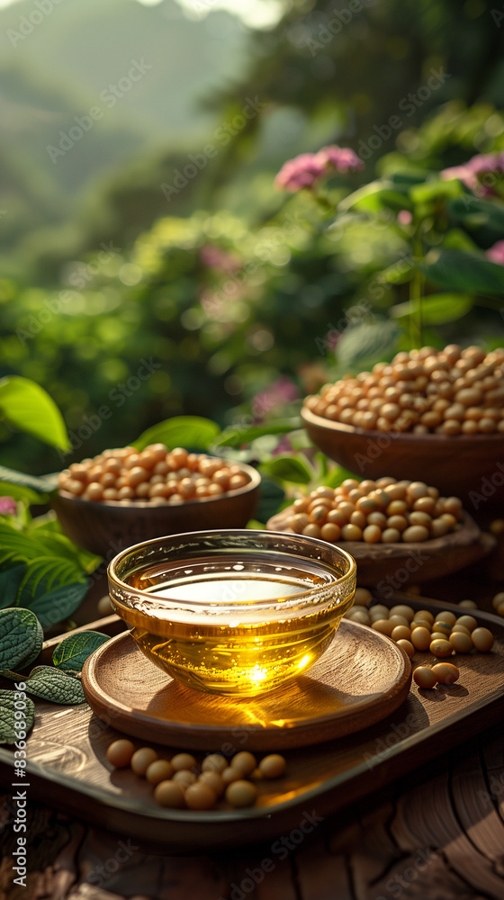 Natural vegetable oil on wooden table in kitchen Natural vegetable oil on wooden table in kitchen
