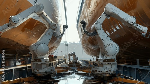 Hightech robots painting a ships exterior with precision theme top view showcasing detailed finishing in shipbuilding technology tone Splitcomplementary color scheme