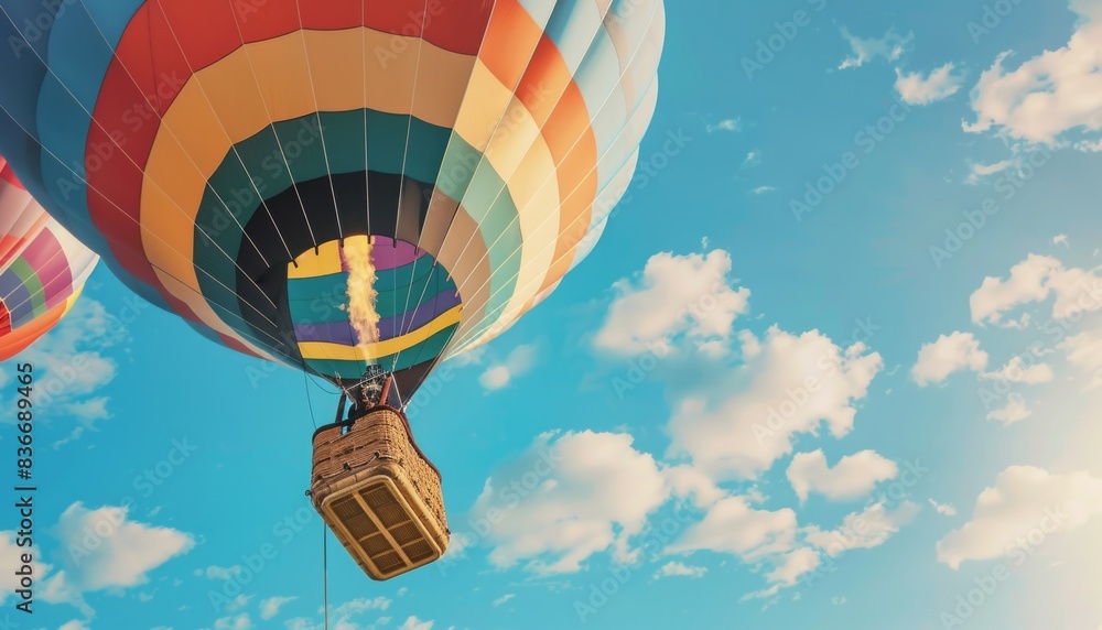 Fototapeta premium Suspended Elegance: Majestic Hot Air Balloon Preparing for Launch under Blue Sky - AR 7:4