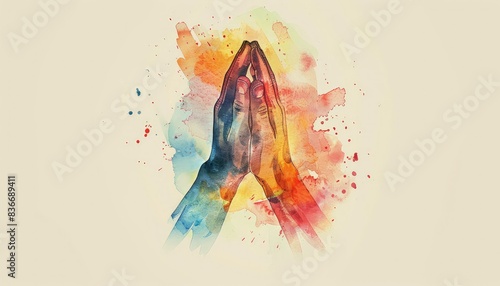 Colorful watercolor painting of praying hands symbolizing faith, spirituality, and hope. Vibrant splashes on a light background.