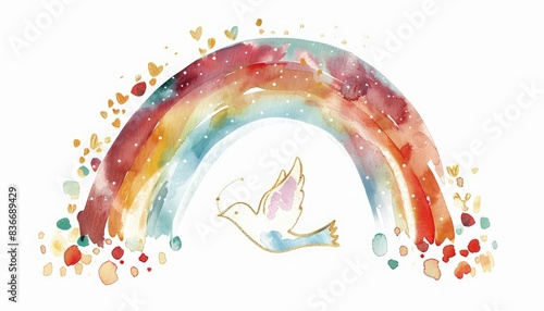 Colorful watercolor rainbow arching over a flying bird surrounded by colorful spots and hearts  on a white background.