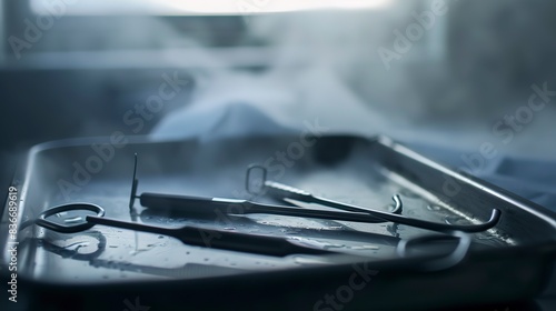 Close-up of surgical instruments on a sterile tray, foggy, no humans, soft focus, dim light 
