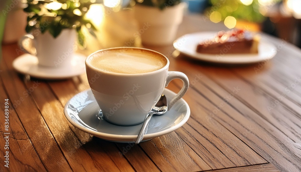 Cup of Coffee on a Table - Cozy Setting with Cappucino or Black Coffee - Background for Barrista or Cafe Cup of Coffee on a Table - Cozy Setting with Cappucino or Black Coffee - Background for Barrista or Cafe