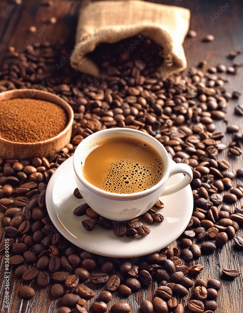 Cup of Coffee on a Table - Cozy Setting with Cappucino or Black Coffee - Background for Barrista or Cafe Cup of Coffee on a Table - Cozy Setting with Cappucino or Black Coffee - Background for Barrista or Cafe