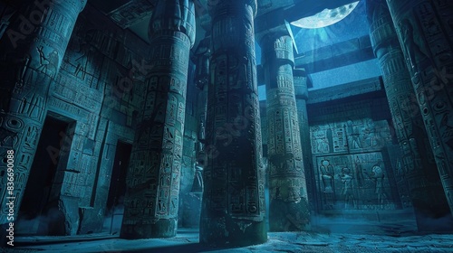 The interior of an ancient Egyptian temple at night, with moonlight shining through dark blue pillars inscribed with hieroglyphs,
