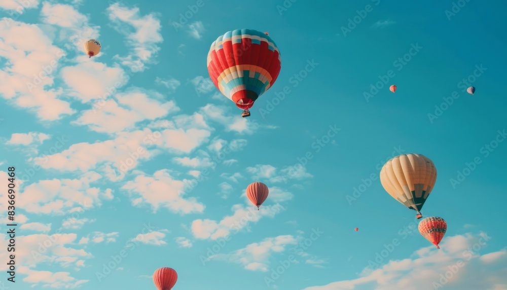 Obraz premium Floating Dreams: Stunning Hot Air Balloons Soar in the Blue Sky