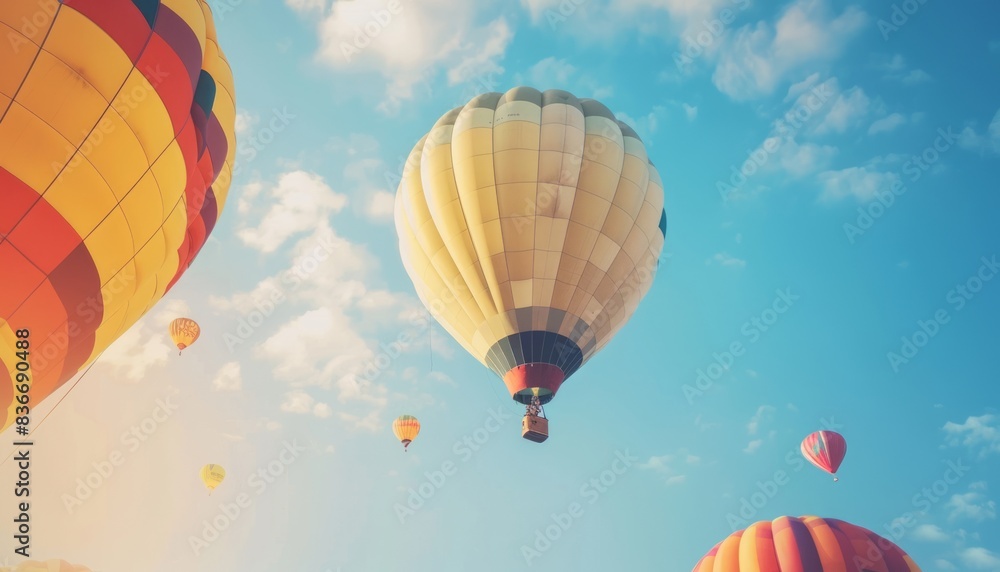 Obraz premium Floating Beauties: Stunning Hot Air Balloons Soaring in a Blue Sky