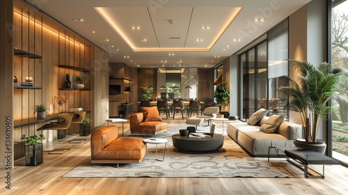 A modern office lounge area with comfortable seating, plants, and a relaxed atmosphere, providing a space for informal meetings and relaxation. Minimal and Simple,