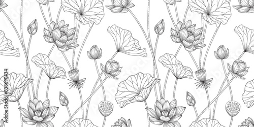 lotus floral pattern black and white illustration