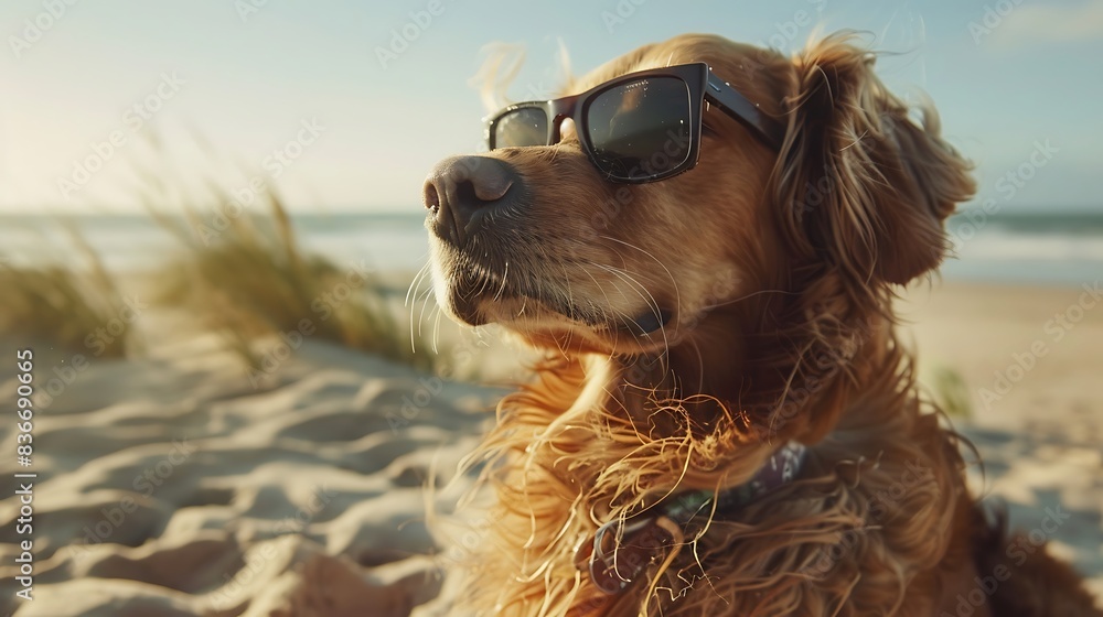 Stylish canine in sunglasses, sandy beach, embodying summer relaxation. Stylish canine in sunglasses, sandy beach, embodying summer relaxation.