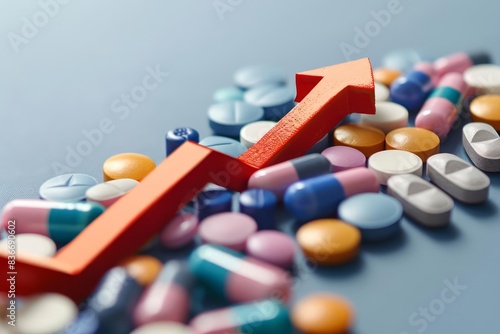 Rising pharmaceutical costs A red arrow ascending from a variety of drugs and medicine pills
