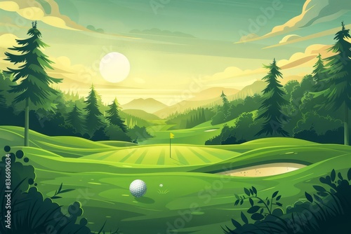 Scenic illustration of a golf course with a golf ball on the green photo