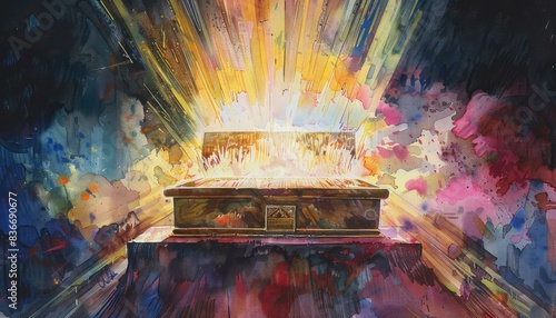 Vivid watercolor depiction of a radiant sacred altar emanating light and vibrant colors in a spiritual, ethereal setting.