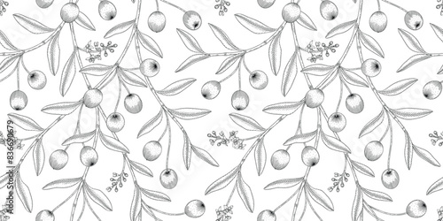 olive tree pattern black and white illustration