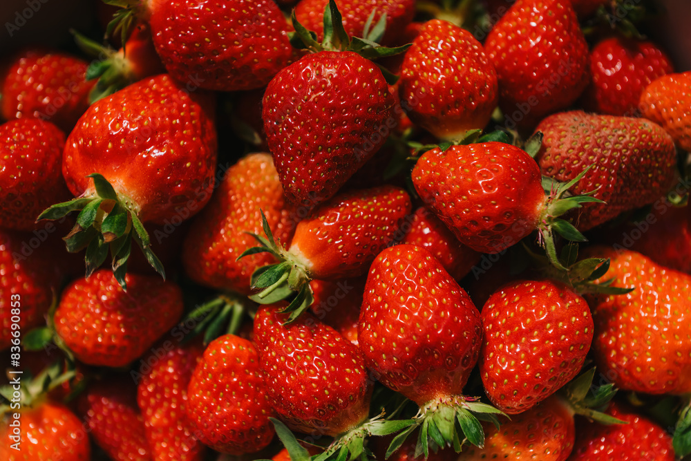 strawberry fruits decorated with flowers, organic farming, strawberries detail strawberry fruits decorated with flowers, organic farming, strawberries detail